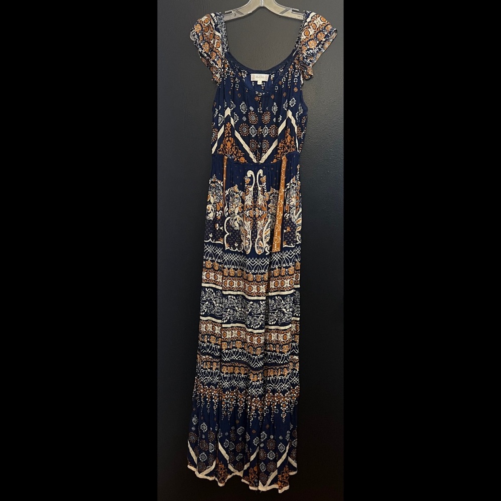 alter’d state Navy and Tan Maxi Dress with Paisley Print